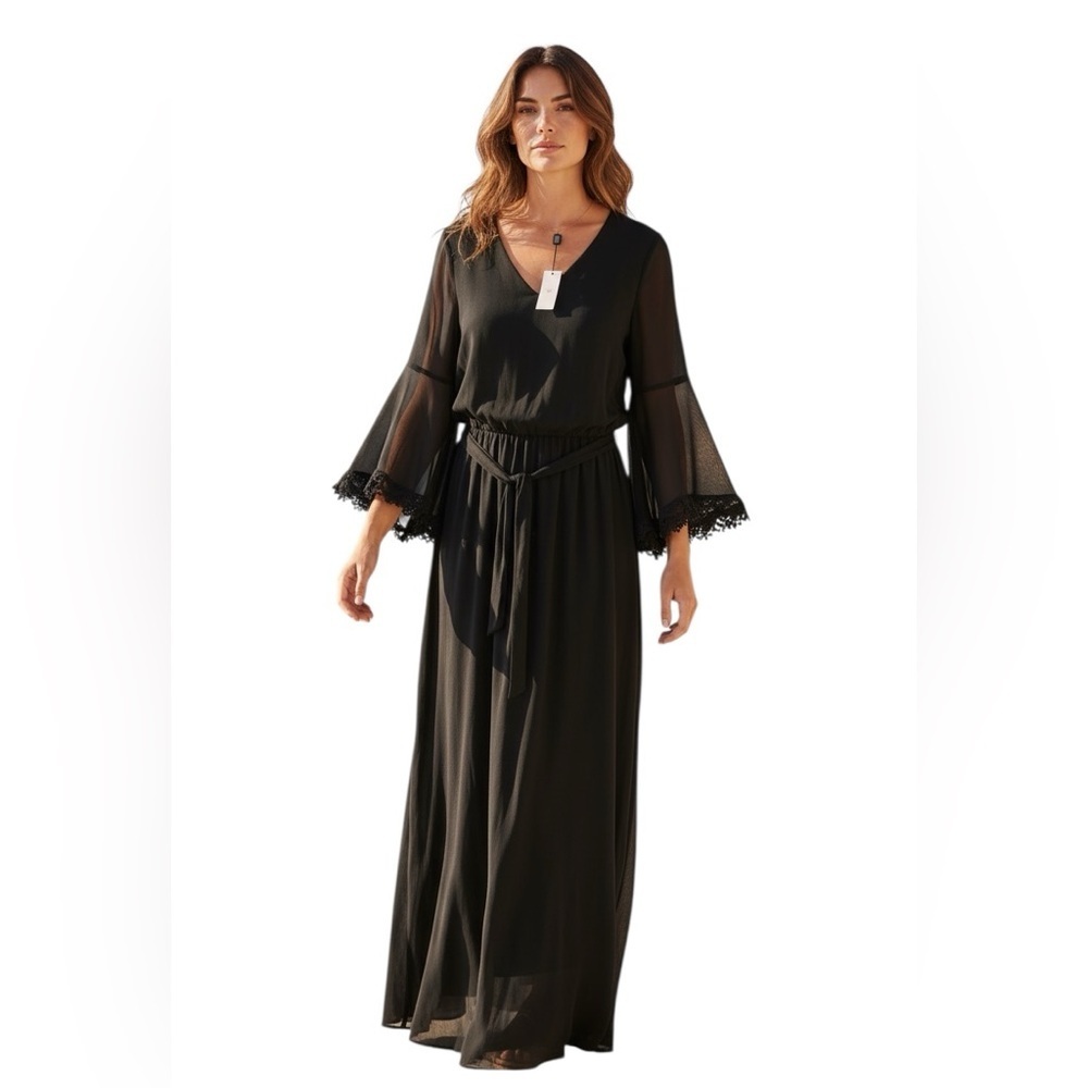 Women's Black Maxi Dress with Bell Sleeves